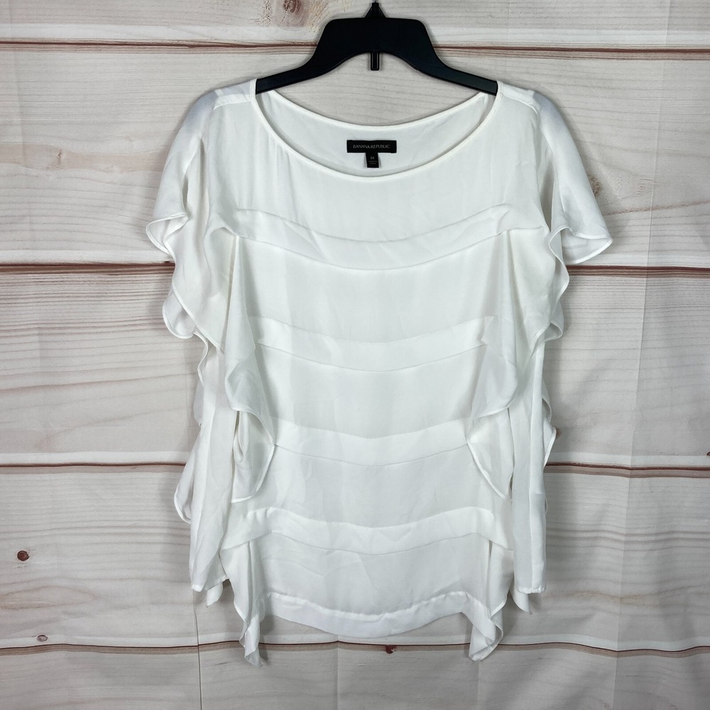 Banana Republic Top Womens M Flutter Sleeve Ruffle Boat‎ Neck Blouse White Solid